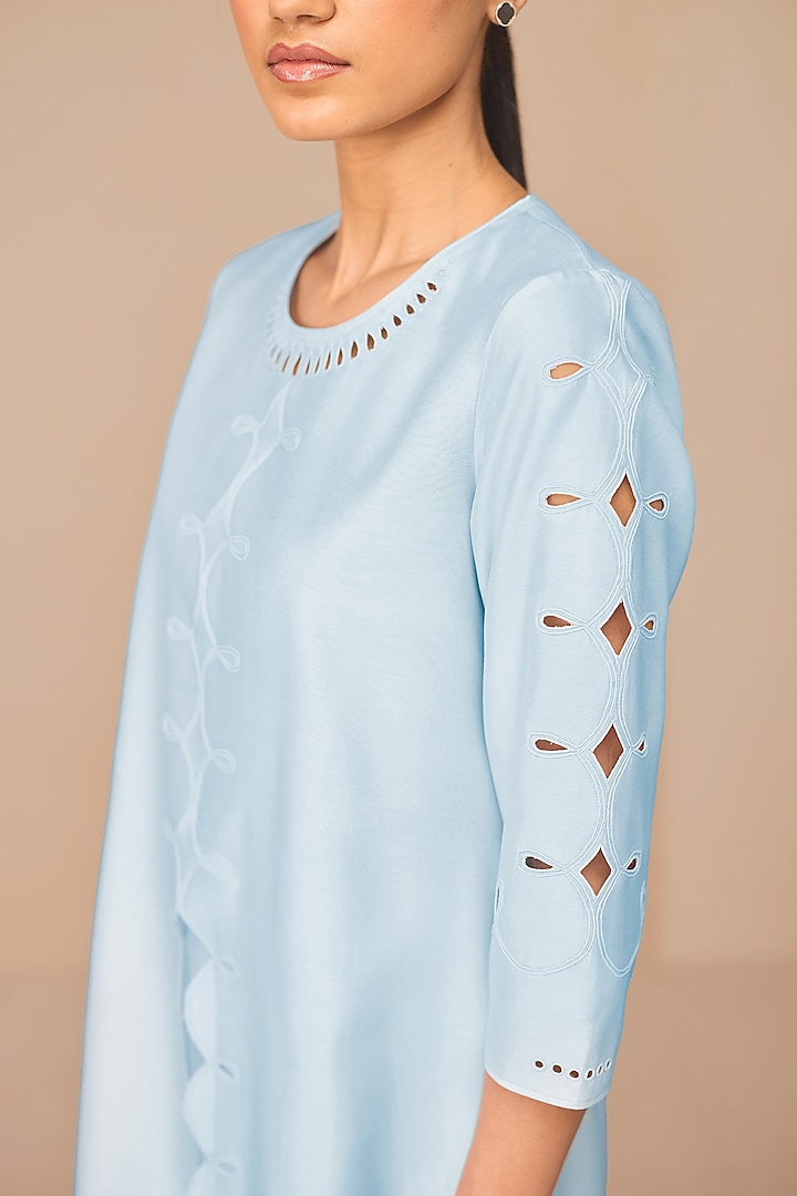 Ice Blue Chanderi Scalloped Kurta Set by AMPM at Pernia's Pop Up Shop