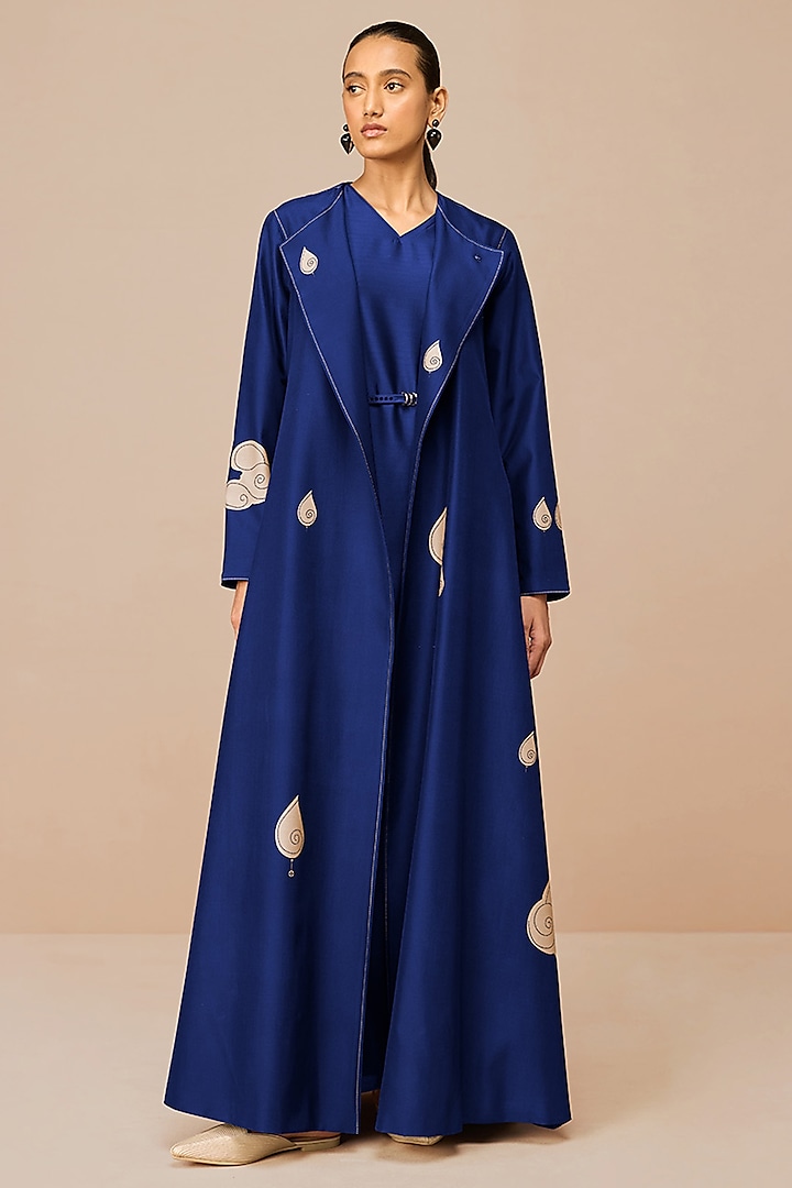 Indigo Cotton Silk Paisley Printed Abaya Set by AMPM at Pernia's Pop Up Shop