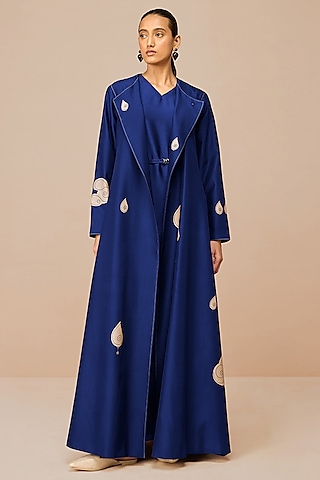 Indigo Cotton Silk Paisley Printed Abaya Set by AMPM