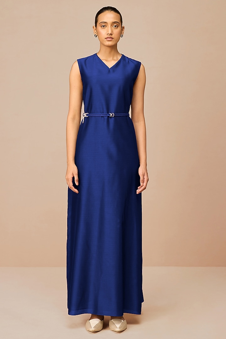 Indigo Cotton Silk Paisley Printed Abaya Set by AMPM at Pernia's Pop Up Shop