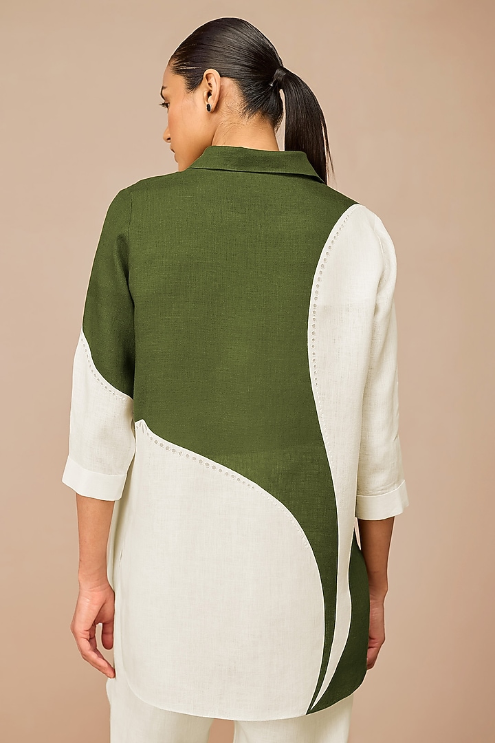 Ivory & Olive Green Linen Color-Blocked Shirt by AMPM at Pernia's Pop Up Shop