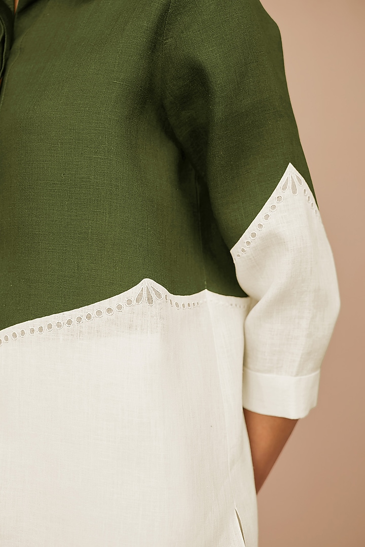 Ivory & Olive Green Linen Color-Blocked Shirt by AMPM at Pernia's Pop Up Shop