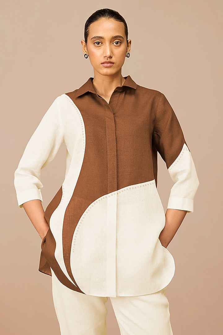 Ivory & Earth Brown Linen Color-Blocked Shirt by AMPM at Pernia's Pop Up Shop