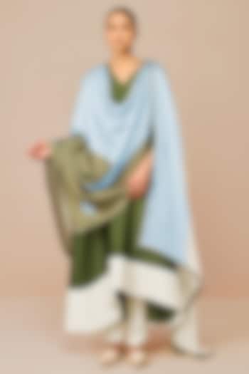 Ivory & Olive Green Cotton Silk Color-Blocked Flared Kurta Set by AMPM at Pernia's Pop Up Shop