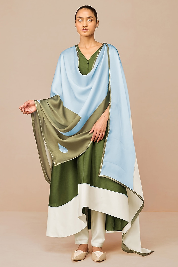Ivory & Olive Green Cotton Silk Color-Blocked Flared Kurta Set by AMPM at Pernia's Pop Up Shop