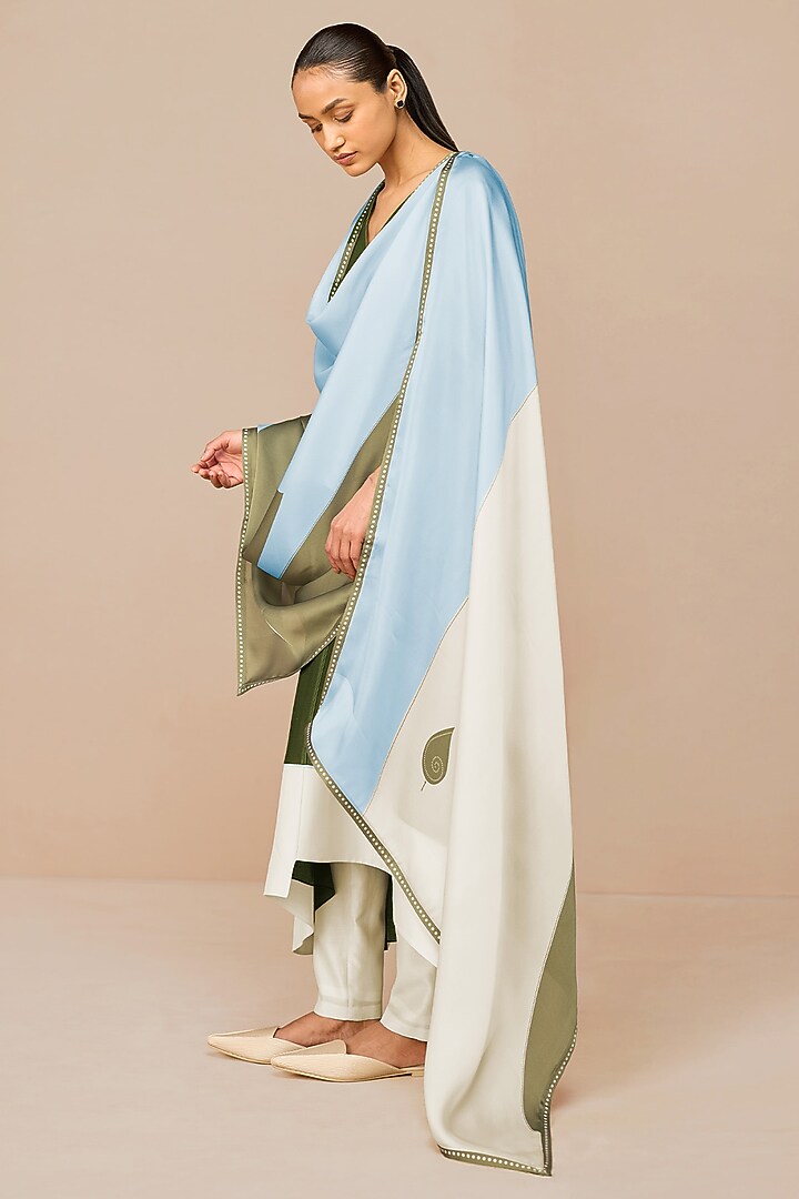 Ivory & Olive Green Cotton Silk Color-Blocked Flared Kurta Set by AMPM at Pernia's Pop Up Shop