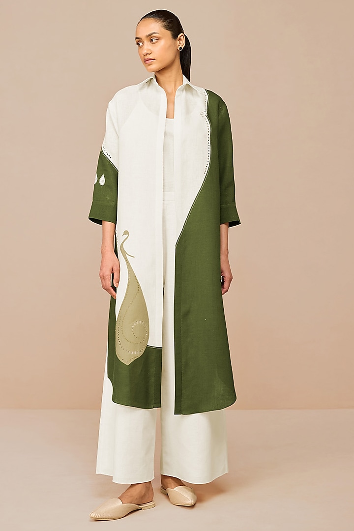 Ivory & Olive Green Linen Cutwork Embroidered Jacket Set by AMPM at Pernia's Pop Up Shop