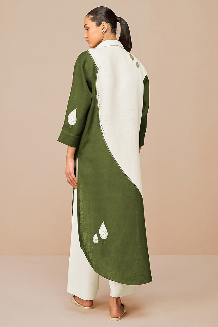 Ivory & Olive Green Linen Cutwork Embroidered Jacket Set by AMPM at Pernia's Pop Up Shop