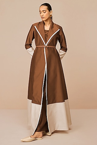 Earth Brown Luxe Cotton Silk Jacket Set by AMPM