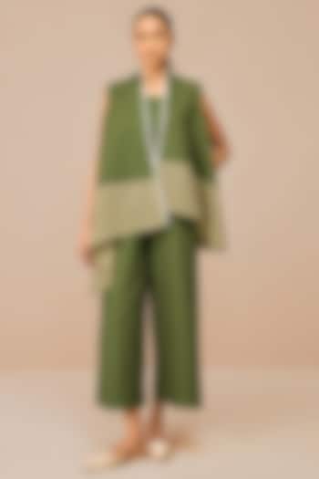 Olive Green Linen Palazzo Pant Set by AMPM at Pernia's Pop Up Shop