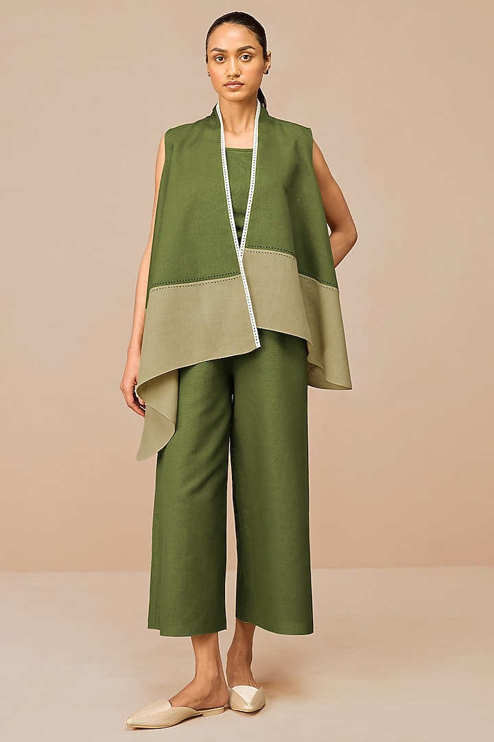 Olive Green Linen Palazzo Pant Set by AMPM at Pernia's Pop Up Shop