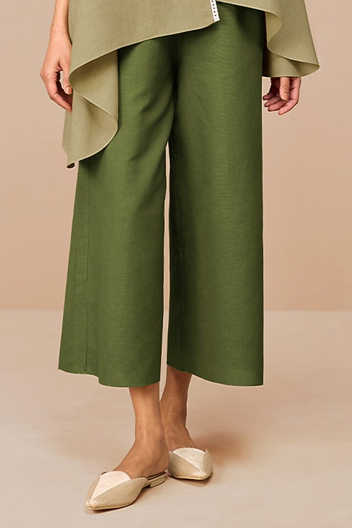 Olive Green Linen Palazzo Pant Set by AMPM at Pernia's Pop Up Shop