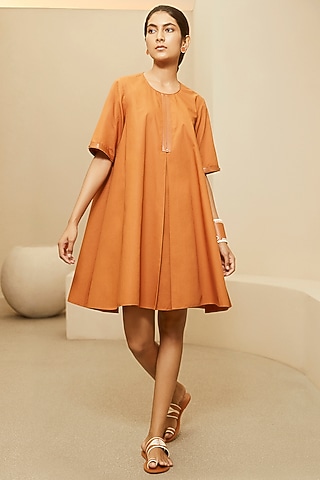Tan Orange Cotton Dress by AMPM
