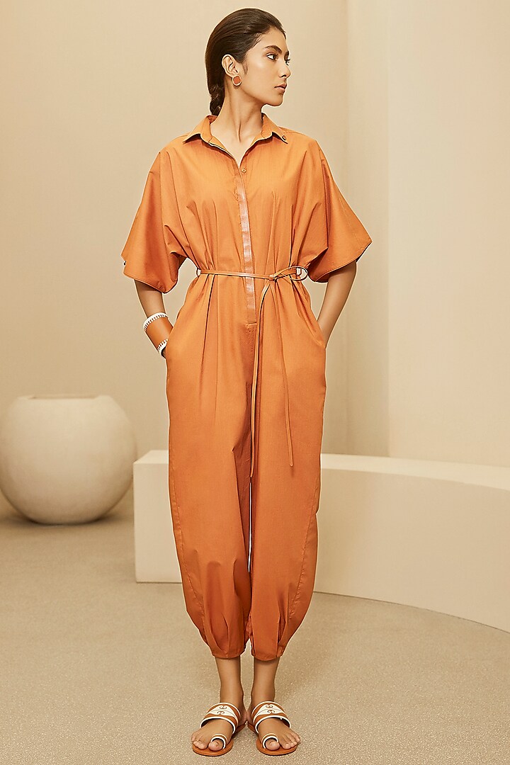 Tan Orange Cotton Poplin Jumpsuit by AMPM