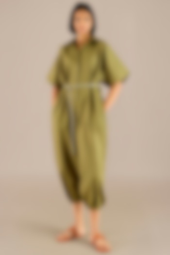 Tea Green Poplin Jumpsuit With Belt by AMPM at Pernia's Pop Up Shop