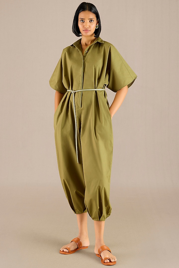 Tea Green Poplin Jumpsuit With Belt by AMPM at Pernia's Pop Up Shop