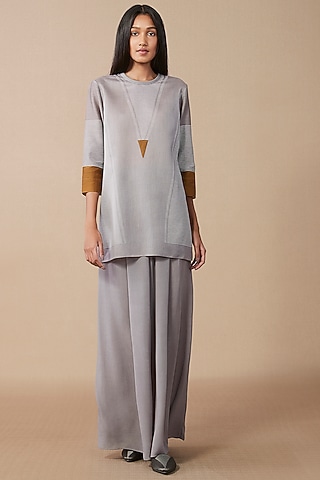 Grey Viscose Crepe Palazzo Pants by AMPM