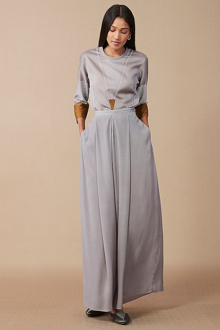 Grey Viscose Crepe Palazzo Pants by AMPM at Pernia's Pop Up Shop