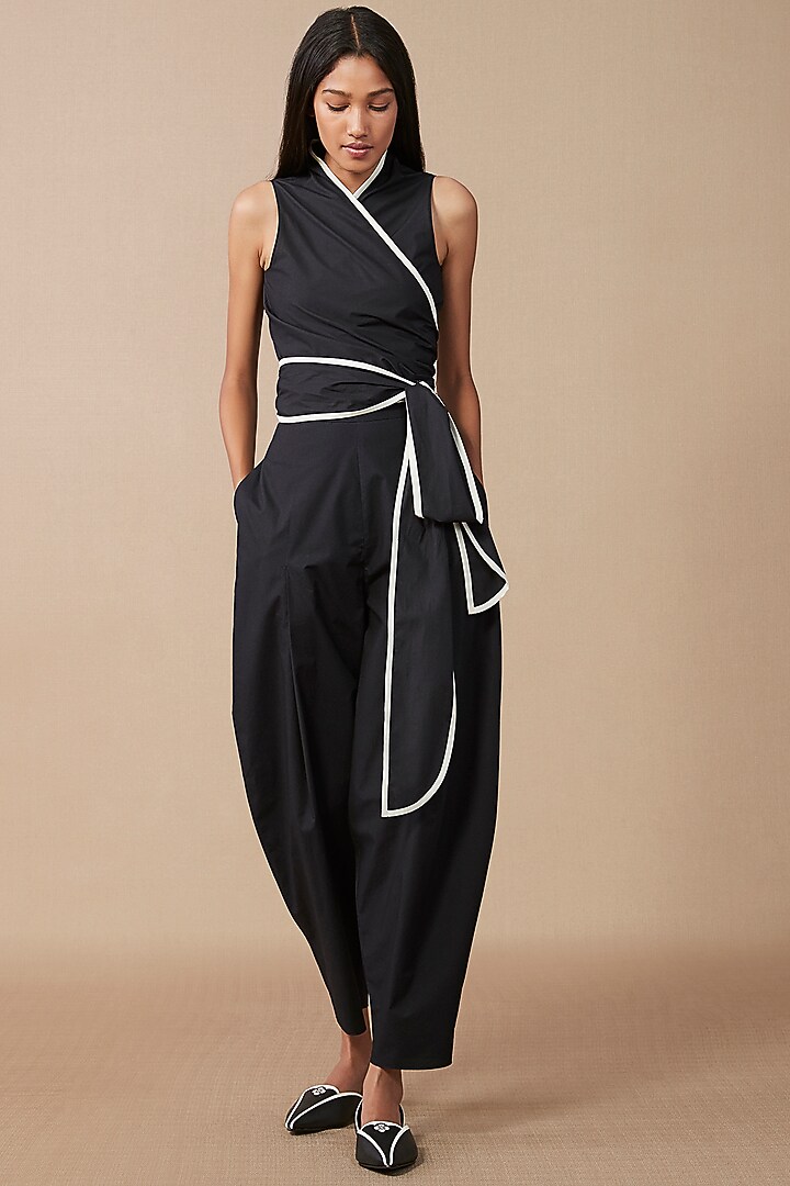 Black Cotton Poplin Wrap Top by AMPM at Pernia's Pop Up Shop