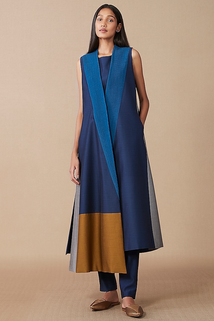 Navy Blue Chanderi Jacket Set by AMPM at Pernia's Pop Up Shop