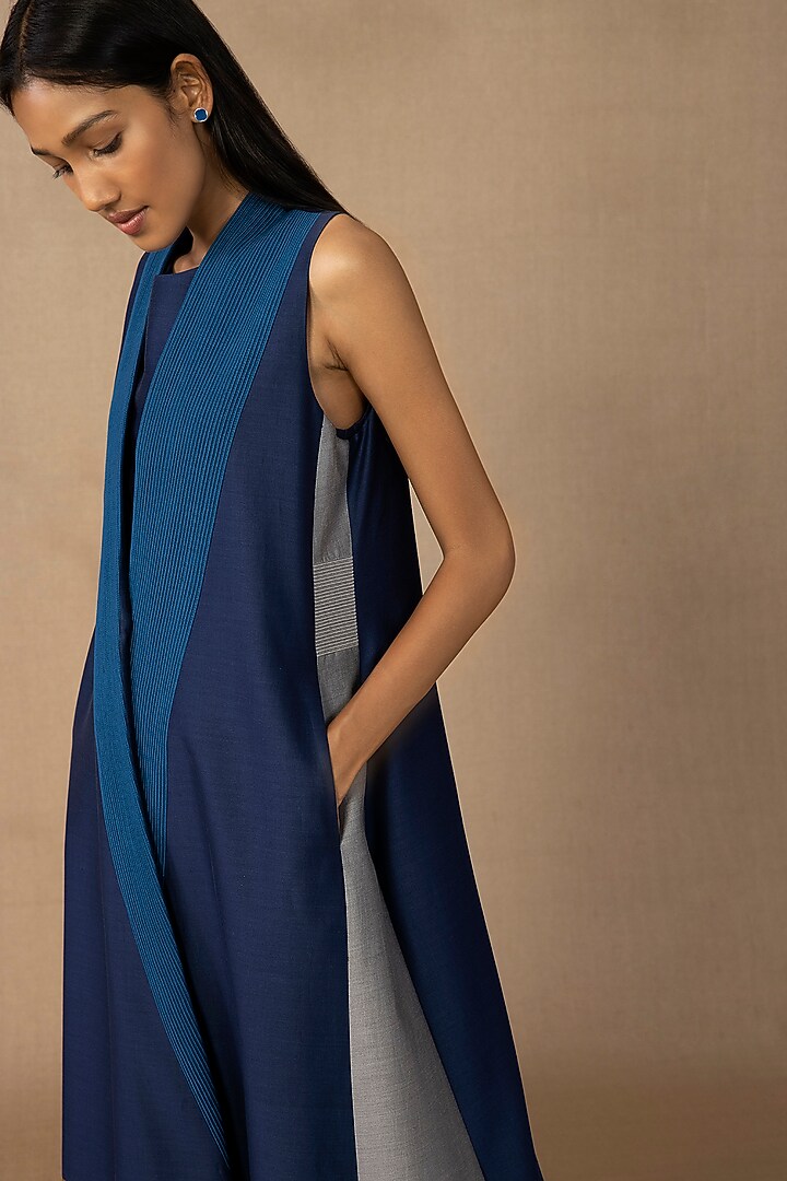Navy Blue Chanderi Jacket Set by AMPM at Pernia's Pop Up Shop