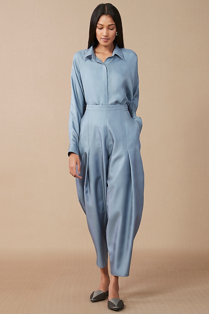 Smokey Blue Vacation Shirt Dress In Silk Twill by AMPM at Pernia's Pop Up Shop