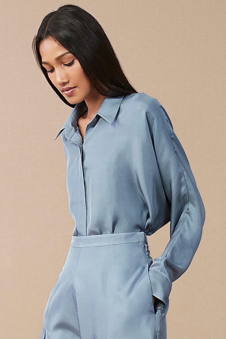 Smokey Blue Vacation Shirt Dress In Silk Twill by AMPM at Pernia's Pop Up Shop
