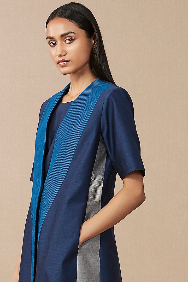 Navy Blue Jacket Set In Soft Chanderi by AMPM at Pernia's Pop Up Shop