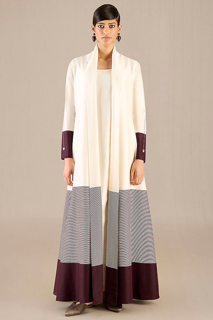 Ivory & Burgundy Chanderi Pleated Striped Abaya Set by AMPM at Pernia's Pop Up Shop