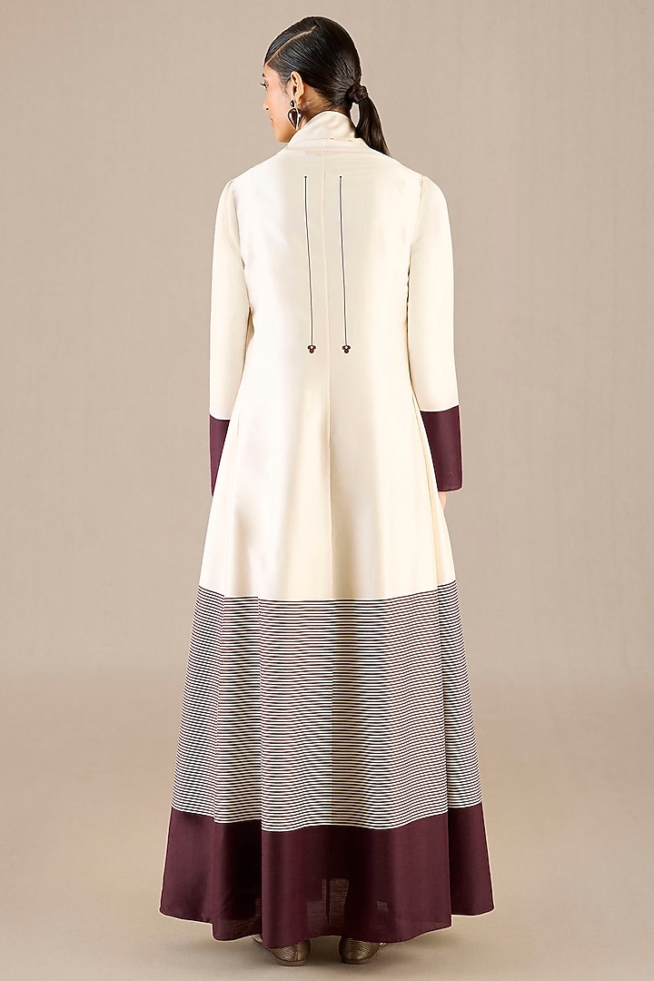 Ivory & Burgundy Chanderi Pleated Striped Abaya Set by AMPM at Pernia's Pop Up Shop