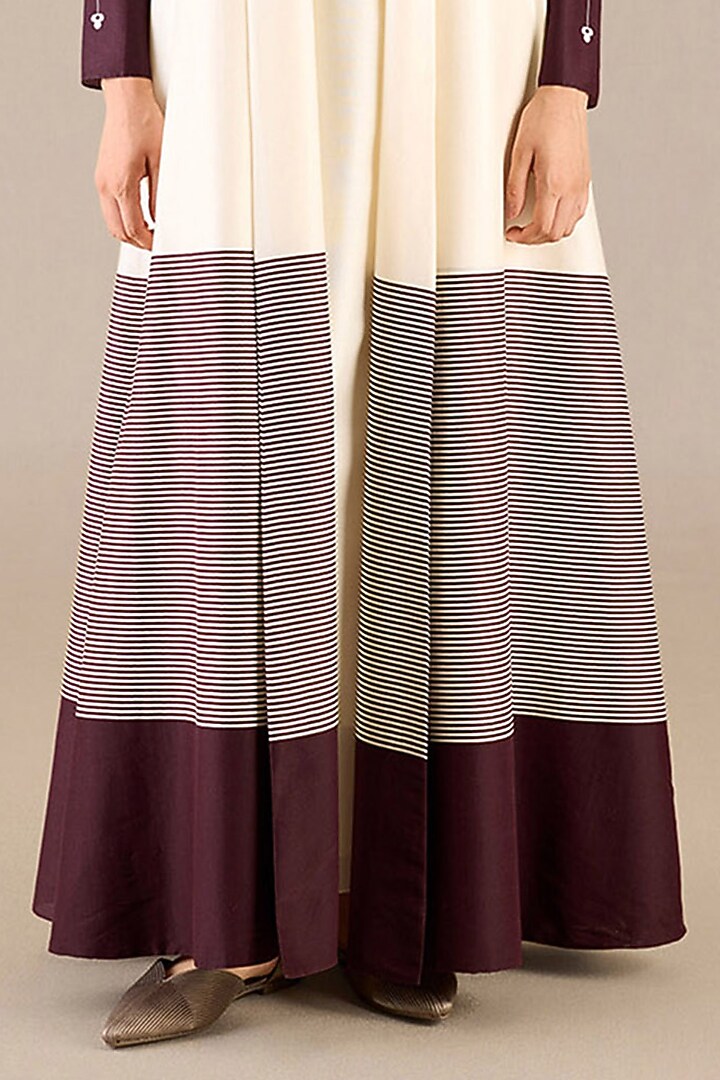 Ivory & Burgundy Chanderi Pleated Striped Abaya Set by AMPM at Pernia's Pop Up Shop