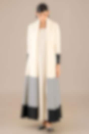 Ivory & Black Chanderi Pleated Striped Abaya Set by AMPM at Pernia's Pop Up Shop