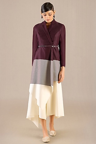 Burgundy Chanderi Cord Embroidered Jacket Set by AMPM