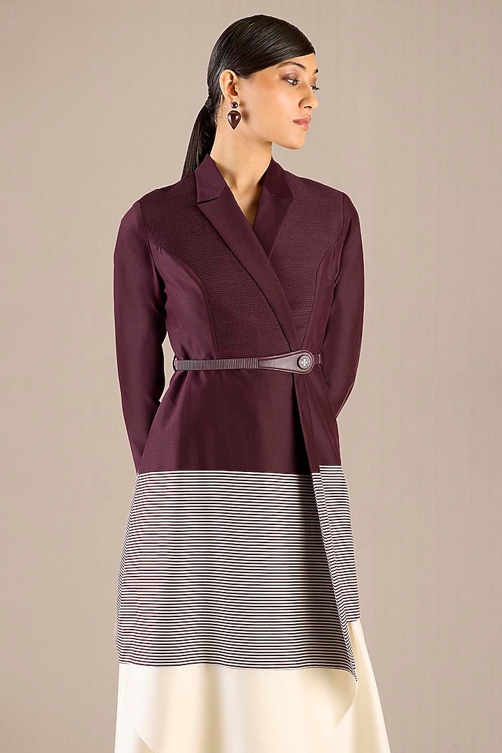Burgundy Chanderi Cord Embroidered Jacket Set by AMPM at Pernia's Pop Up Shop