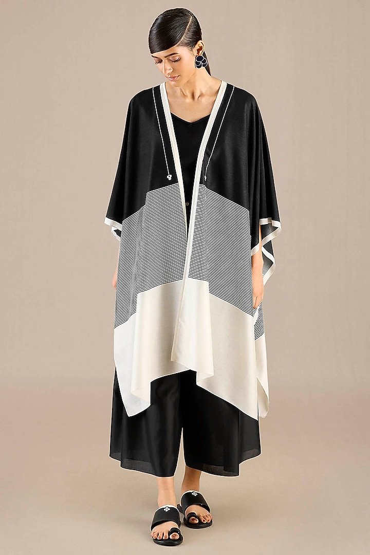 Black Chanderi Striped Cape Set by AMPM at Pernia's Pop Up Shop