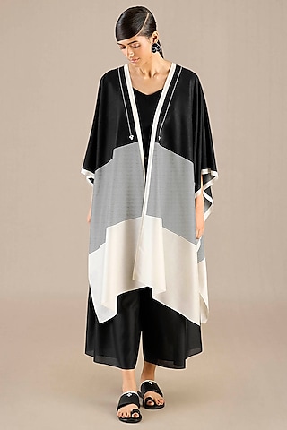 Black Chanderi Striped Cape Set by AMPM