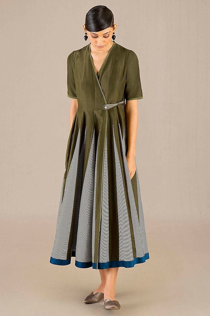 Olive Green Chanderi Pleated Midi Dress by AMPM at Pernia's Pop Up Shop