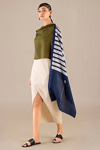 Navy Blue Silk Striped Scarf by AMPM