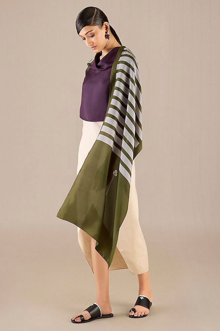 Olive Green Silk Striped Scarf by AMPM at Pernia's Pop Up Shop