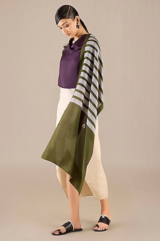 Olive Green Silk Striped Scarf by AMPM