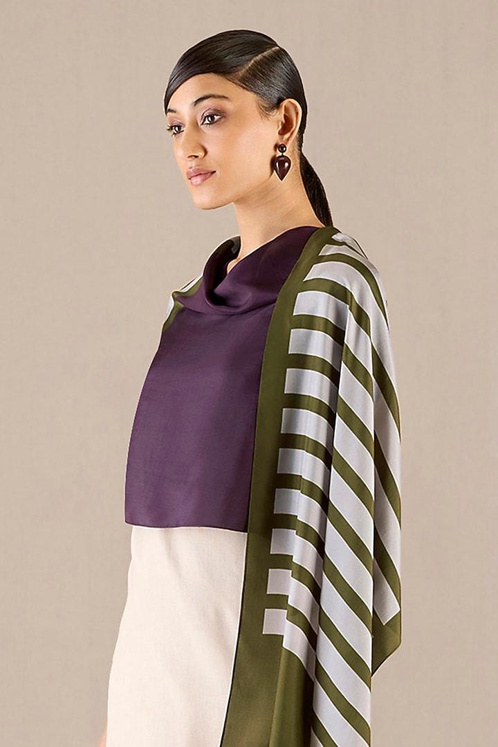 Olive Green Silk Striped Scarf by AMPM at Pernia's Pop Up Shop