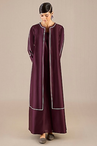 Burgundy Chanderi Corded Embroidered Jacket Dress by AMPM