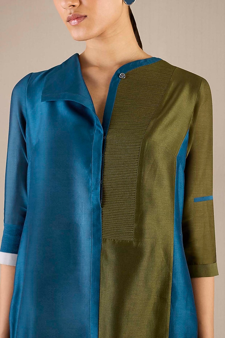 Teal Chanderi Color-Blocked Kurta Set by AMPM at Pernia's Pop Up Shop