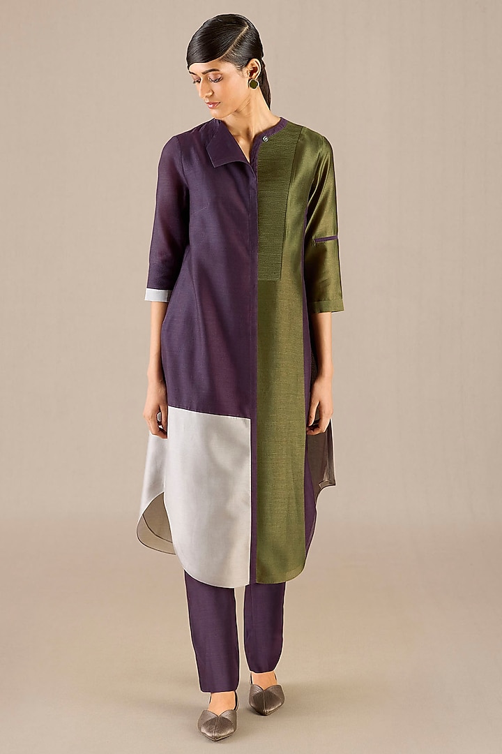 Purple Chanderi Color-Blocked Kurta Set by AMPM at Pernia's Pop Up Shop