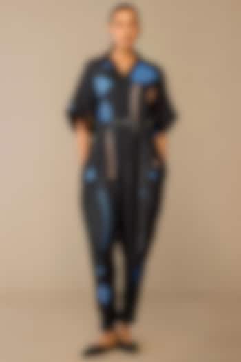 Smokey Black Raw Silk Jumpsuit With Belt by AMPM at Pernia's Pop Up Shop