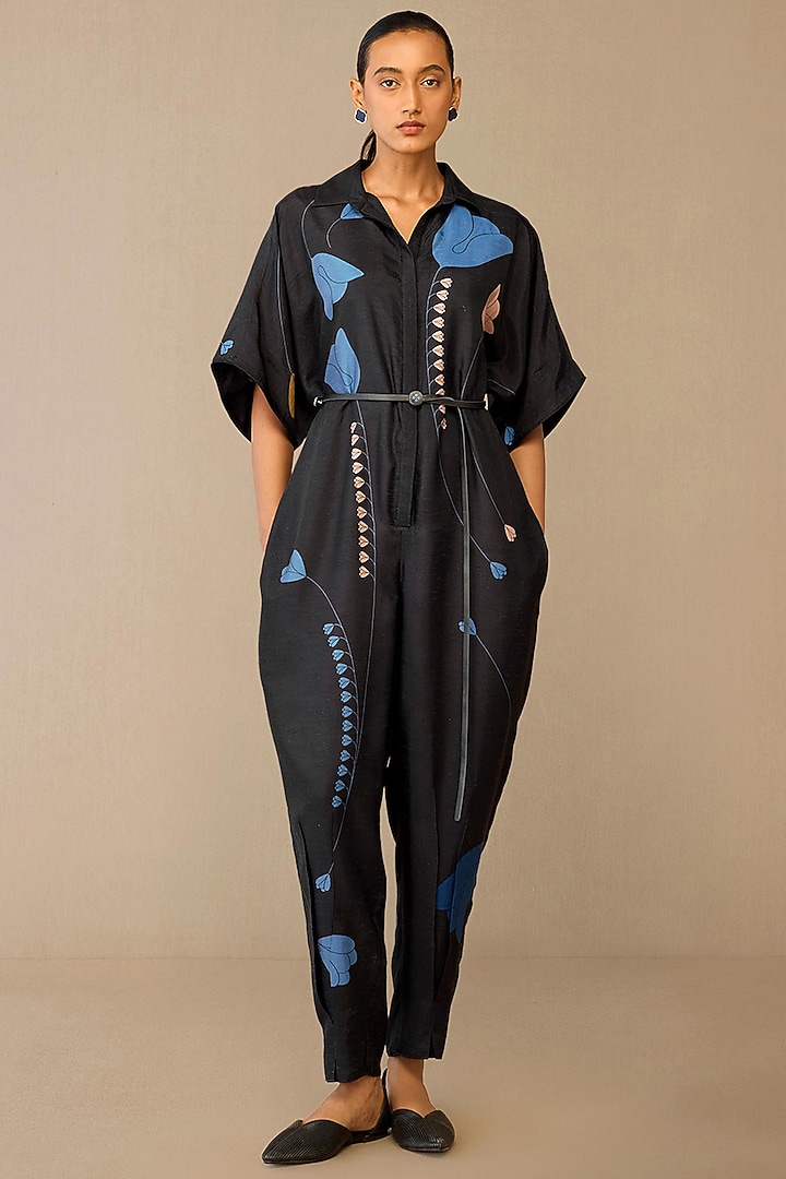 Smokey Black Raw Silk Jumpsuit With Belt by AMPM at Pernia's Pop Up Shop