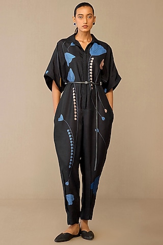 Smokey Black Raw Silk Jumpsuit With Belt by AMPM