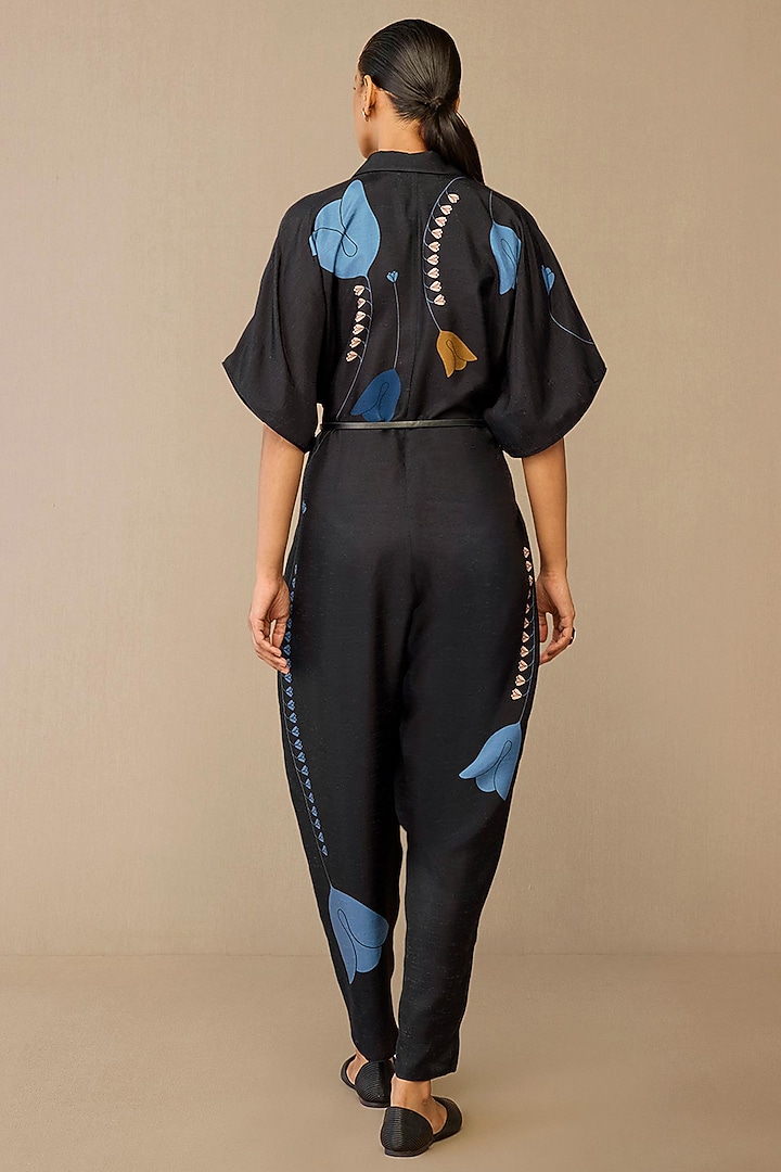 Smokey Black Raw Silk Jumpsuit With Belt by AMPM at Pernia's Pop Up Shop