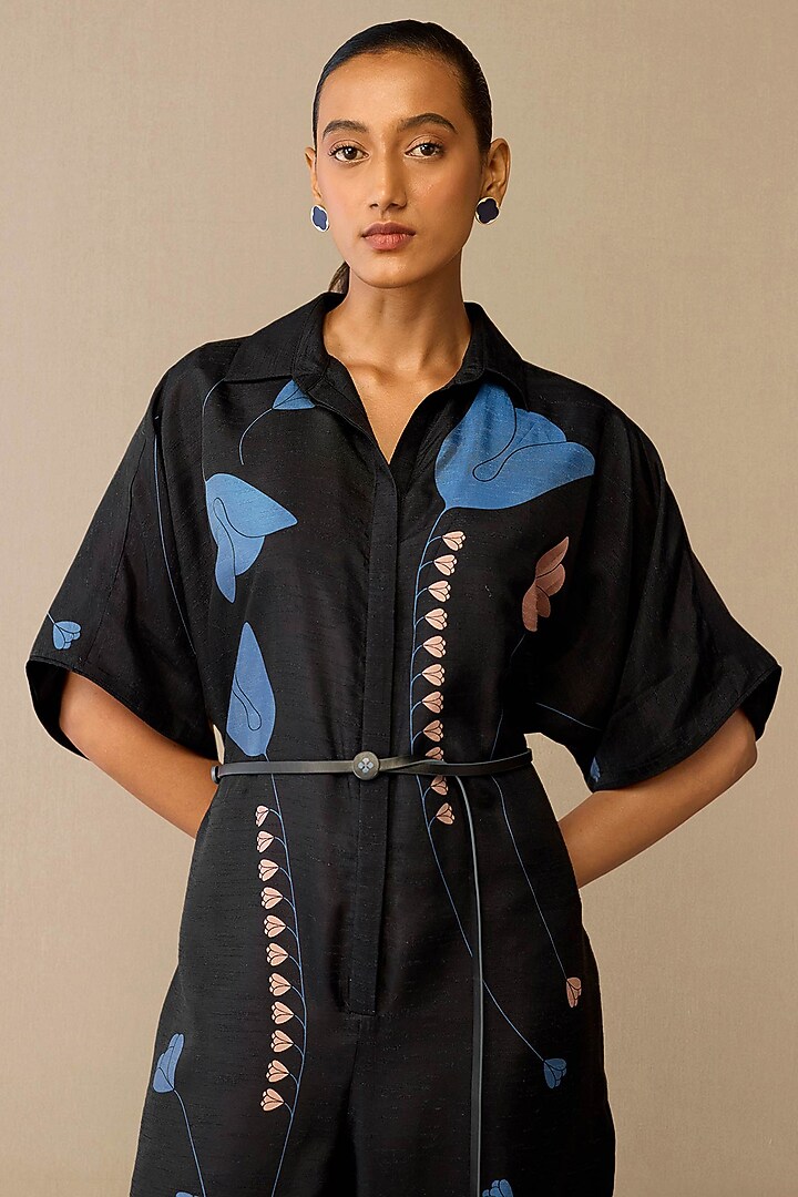Smokey Black Raw Silk Jumpsuit With Belt by AMPM at Pernia's Pop Up Shop