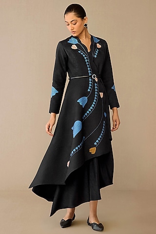 Smokey Black Raw Silk Jacket Set by AMPM
